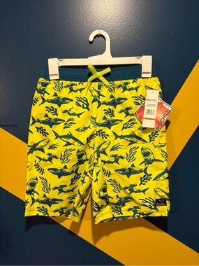 Big Chill Yellow & Blue Shark Print Swim Trunks NWT